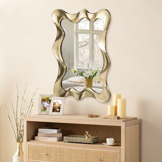 Glitzhome® 34.25" Modern Gold Foil Metal Frame Wavy Wall Mirror